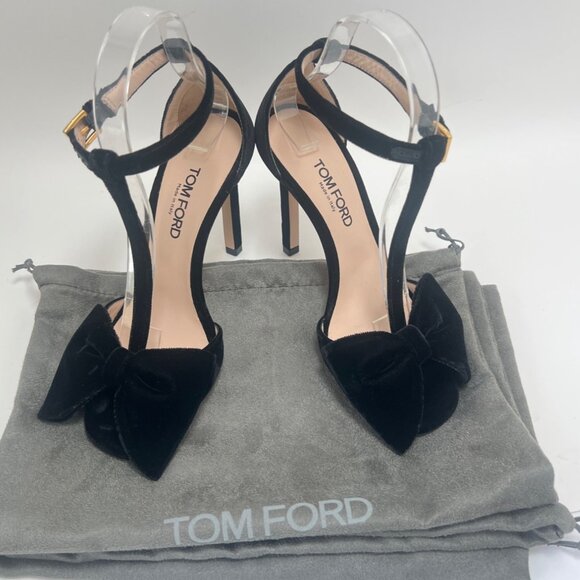 Tom Ford Brigitte Bow Sandals Velvety Black Stiletto Heels Women Size 36 US5 - Picture 4 of 16